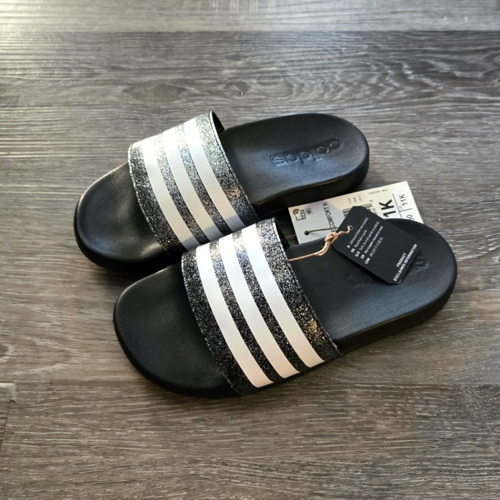 Adidas Girls Black Sandals with White Stripes Adilette Comfort Slides